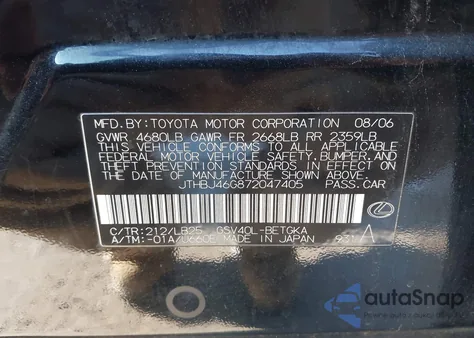 2007 Lexus Es 350 z USA, uszkodzony, nr VIN JTHBJ46G872047405